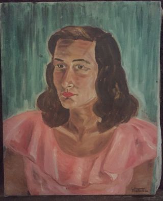 Vintage Mid - Century Woman In Pink Oil Portrait Painting C 1950’s 21x17” Canvas
