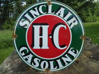 Old Sinclair H - C Gasoline Porcelain Gas Pump Sign