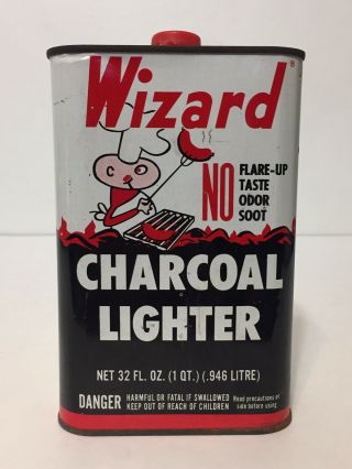 Vintage 70s Wizard Charcoal Lighter Fluid Metal Can 32 Oz Advertising Tin Garage
