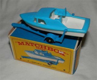 1960s.  Matchbox Lesney 9 Boat and Trailer.  all 4