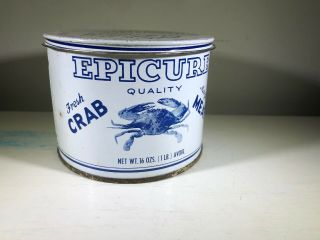 Vintage Epicure Crab Meat Tin Can Cambridge Md With Lid Clayton Co.  Decor Blue