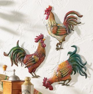 Set Of 3 Metal French Country Rooster Chicken Wall Art Rustic Vintage Home Decor
