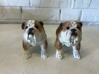 2 English Bulldog Figurine Standing Signed Brown & White Resin