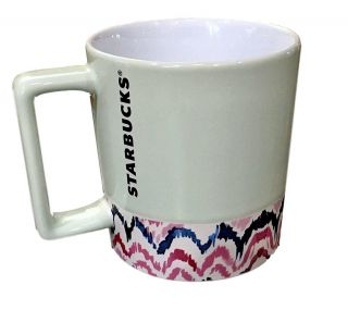 Starbucks 2017 Holiday Coffee Mug Cup 12 Oz Blue Red Pink Trim
