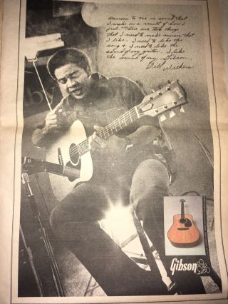 Vintage 1973 Gibson Guitars Bill Withers Quote Advertisement Pinup Poster