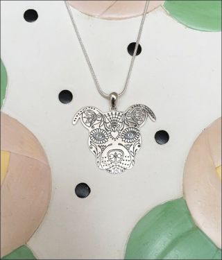 Sugar Skull Pit Bull Sterling Silver Charm Necklace - -