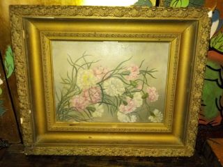 Framed Antique 19th Century Oil Painting Canvas Flowers Mystery Artist Signed