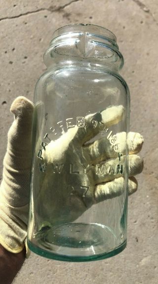 Pat Feb 9th 1864 Vintage W.  W.  Lyman 27 Glass Fruit Jar Missing Cover Lid
