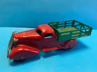 Old Vtg Pressed Steel Toy Red And Green Stake Body Bed Truck Construction Toy