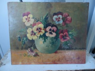 French " Pansies,  Oil On Board Painting " 11 3/4 X 9 1/2 "