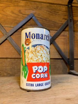 Monarch Popcorn Tin 10 Oz.  Extra Large Golden Full Can Old Store Advertising