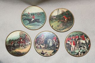 Vintage Coasters (5) Fox Hunt Horses Dogs Cork Back 3” Diameter