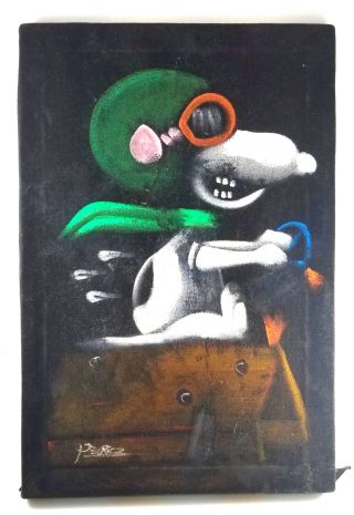 Vtg Handcrafted Velvet Painting,  Snoopy Red Baron,  Flying Ace By Perez,  1970s