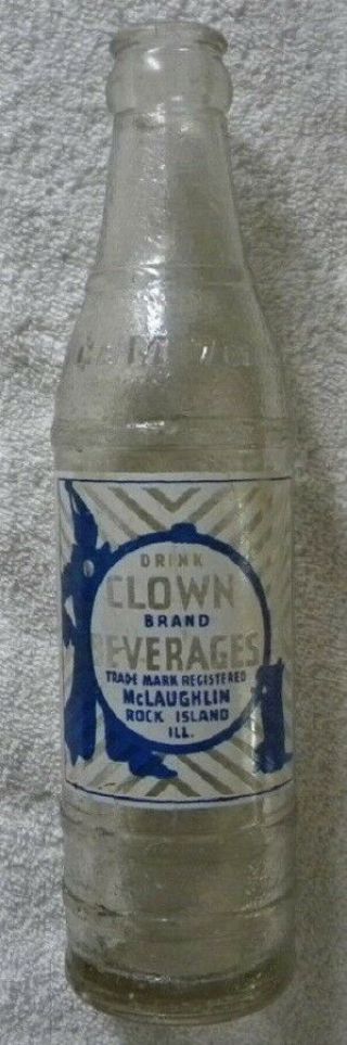 Vintage Clown Brand Beverages,  Mclaughlin,  Rock Island,  Illinois Il Soda,  Pop Bottle
