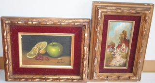 Old Miniature Oil Painting One Landscape One Fruit