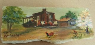 Painted Marble Folk Art Rough Brick Farm Yard Scene Cabin Chickens Landscape