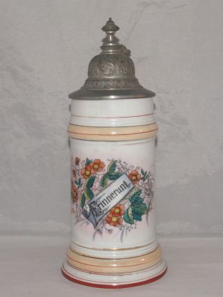 Antique German Porcelain Lidded Stein With Tavern Scene Lithopane Erinnerung