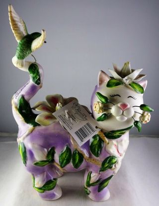 Amy Lacombe Whimsiclay Clairie Cat Figurine Leaf Decorated Hummingbird On Tail