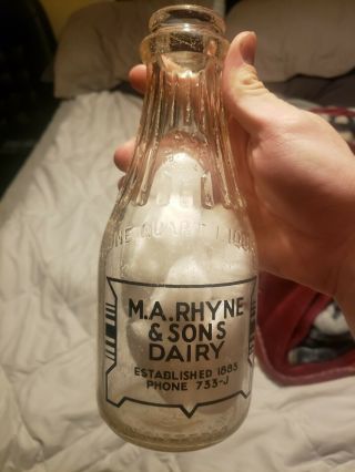 M.  A.  Rhyne & Sons Dairy Quart Size Milk Bottle Gastonia,  Nc North Carolina