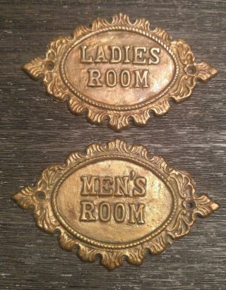 Vintage Mens & Ladies Room Solid Brass Door Sign Plaque Restroom Locker Room Wc