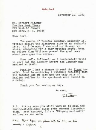 Walter Lord Tls To Herbert Mitgang At Ny Times Re A Complimentary Review Dunkirk