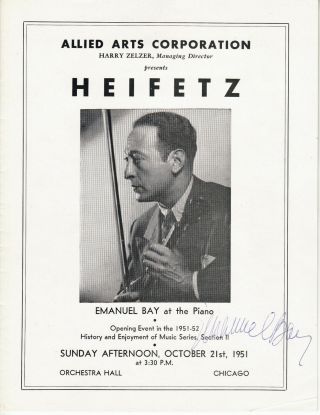 Emanuel Bay.  Signed Program.  Pianist Who Accompanied Violinist Jascha Heifetz.