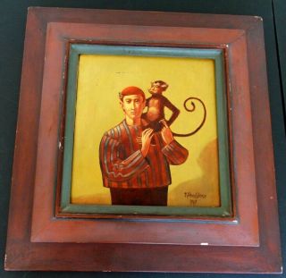 H.  David Homan Man Pet Monkey Framed Contemporary 12 " Oil Painting 1969
