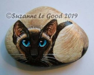 Siamese Cat Art Painting On Stone Pebble Rock Old - Style Suzanne Le Good