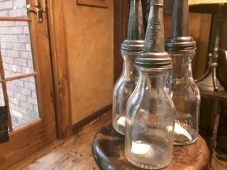 Three Motor Oil Glass Bottles With Spouts And Caps.  Pls.  Read Details