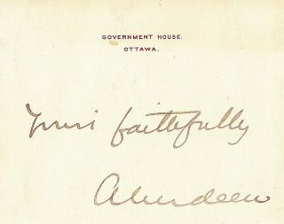 Earl Of Aberdeen.  Signed Card As Governor General Of Canada (1893 - 1898)