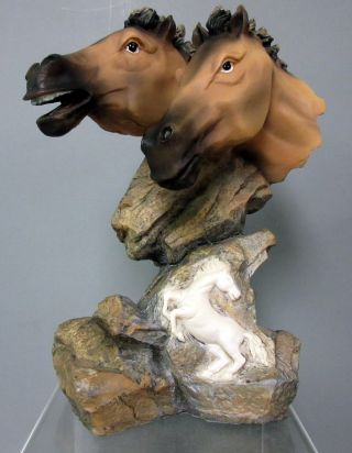 Sculpted 2 Brown Horse Head Bust Engraved 3 Horses Figurine Statue Figure
