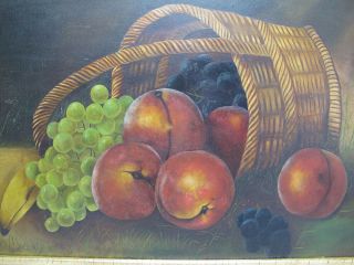 Antique 19th C Oil On Board Painting Primitive Folk Art Basket Of Fruit Yqz