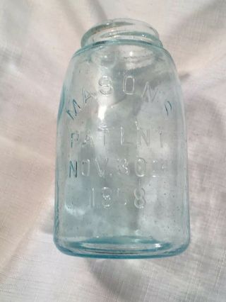 Antique Midget Pint Mason’s Patent Nov 30 Th 1858 Fruit Jar Aqua