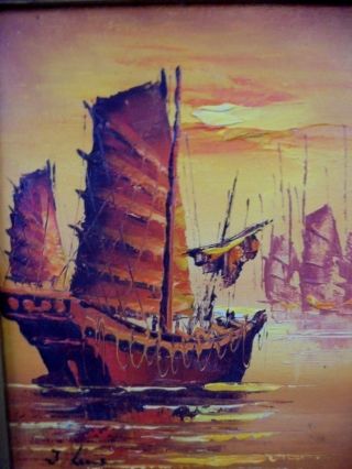 1970 ' s Signed J.  Ling Chinese Junk Boat Fleet Sunset Seascape Oil Painting 16x18 2