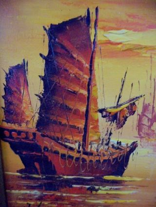 1970 ' s Signed J.  Ling Chinese Junk Boat Fleet Sunset Seascape Oil Painting 16x18 3