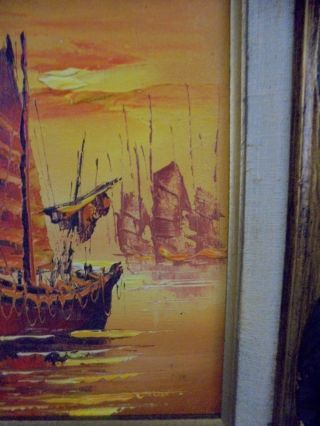 1970 ' s Signed J.  Ling Chinese Junk Boat Fleet Sunset Seascape Oil Painting 16x18 4