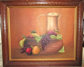 Vintage Framed Folk Art Oil Painting On Canvas - Fruit - Signed Pal