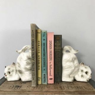 Rare Vintage Lefton Kitty Cat Ceramic Bookends Glass Eyes Collectible Gorgeous