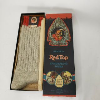 Vintage Antique Seneca Red Top Sportsmen’s Socks Indian Chief Opened Box