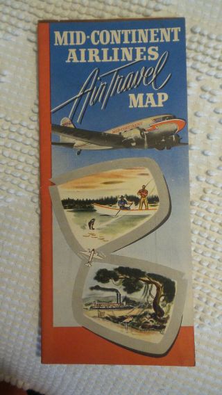 Vintage Mid - Continent Airlines Air Travel Map Advertising Texaco Halvoline Oil