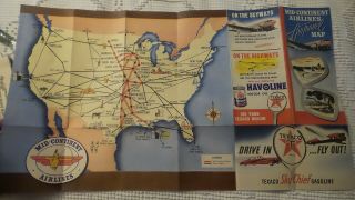Vintage MID - CONTINENT AIRLINES AIR TRAVEL MAP Advertising TEXACO HALVOLINE OIL 3