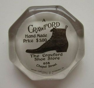A Crawford Shoe Hand Made $5 Chapel Street Glass Advertising Paperweight Abrams