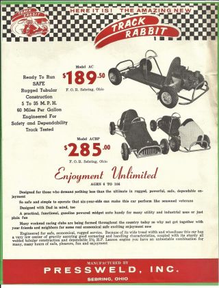 Vtg 1960 Brochure Track Rabbit Go Kart Pressweld Inc