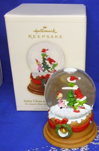Hallmark Dr Seuss The Grinch Snow Globe Santy Claus And Cindy Lou Who 2006 Glass