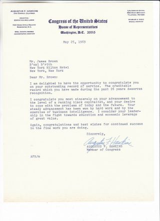 Us Congress Augustus Hawkins 21st Distruct Ca Signed Letter To James Brown 1969