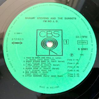 Shakin’ Stevens and The Sunsets 1972 VINYL LP CBS HOLLAND “I’m No JD” VGC 6