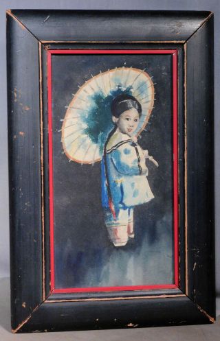 Vintage Art Deco Painting Portrait Japanese Child Girl Paper Parasol Umbrella
