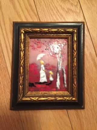 Enamel On Copper Metal Plate Art Painting Woman and Girl Signed Richard 5.  1x6.  1 3