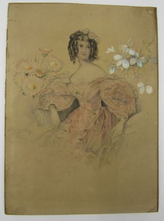 Signed C.  1880? Antique Fashion Ink/watercolor Painting Woman In Pink Dress