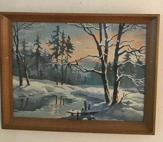 Vtg Oak Framed 12” X 16” Paint By Number Winter Landscape Painting “snowy River”